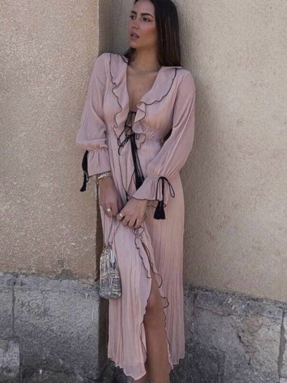 Zara Ruffled Tan Dress with Black Accents